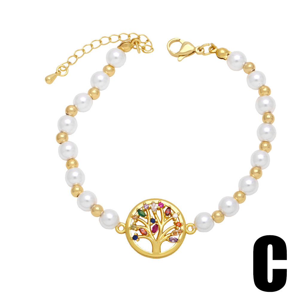 Wholesale Flower Pearl Hand Tree of Life Copper Bracelet
